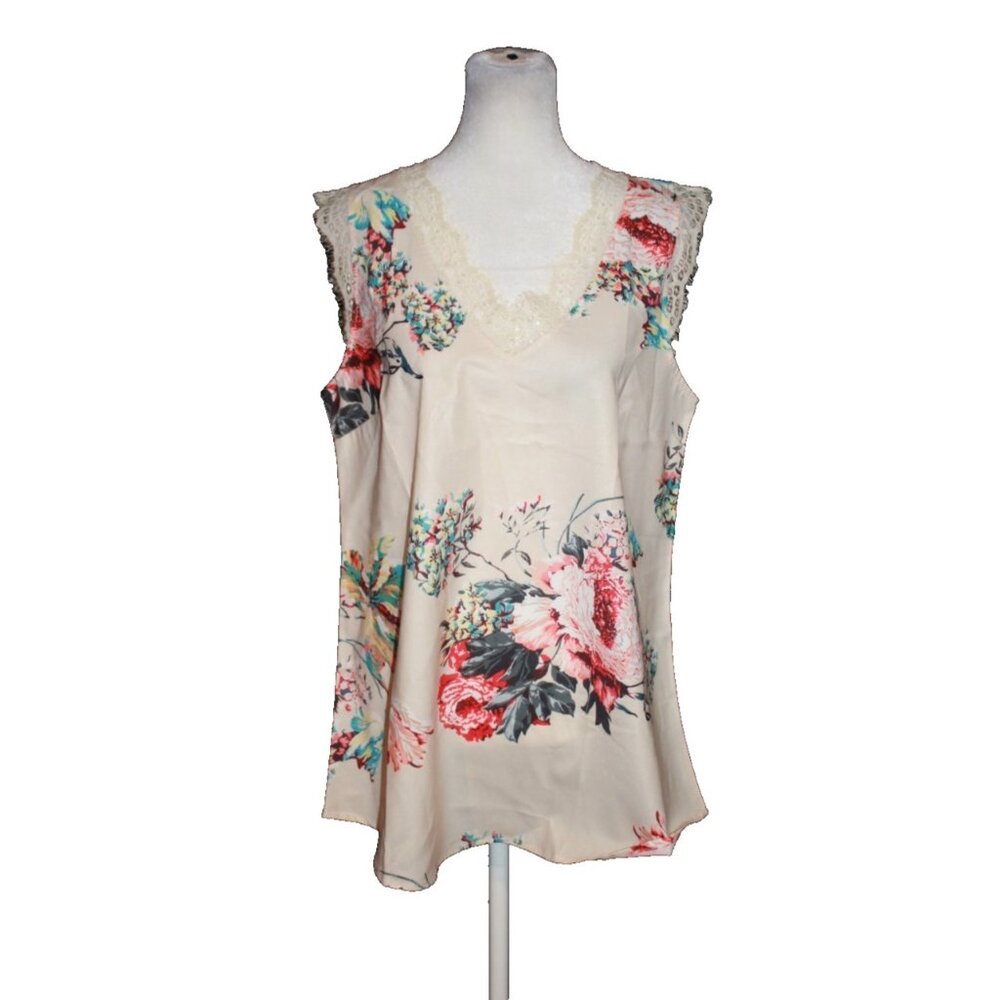 Leani Top Women's Size M Medium Sleeveless Blouse Floral Tank Beige NEW